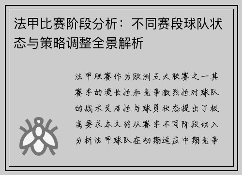 法甲比赛阶段分析：不同赛段球队状态与策略调整全景解析